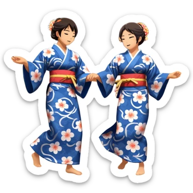 Cinematic Realistic scene of two performers engaging in Bon Odori, dressed in traditional yukata with intricate summer patterns, captured in graceful, rhythmic motion with warm, festive lighting sticker
