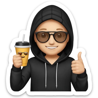 emoji di Gesù con felpa nera, sulla felpa in bianco scrivi "SKUIRTER" con occhiali da sole un pollice in su e in una mano un bicchiere di carta
 sticker