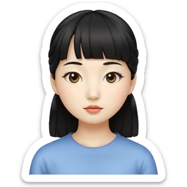 Clean Korean illustration-style emoji portrait of a young Korean woman, front-facing.
Smooth porcelain skin, soft shading, large round eyes, calm neutral expression.
Straight black bangs, black hair tied back, small nose and lips.
Round oval face, soft jawline.

 sticker