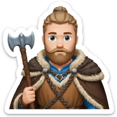 A tall Viking with braided beard, fur cloak, and heavy axe resting on his shoulder.
 sticker