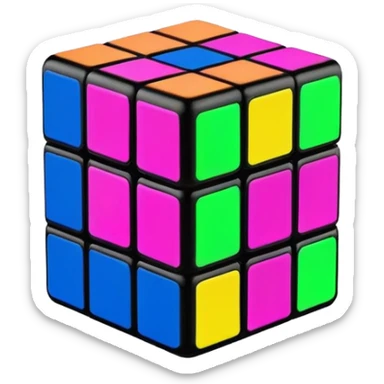 A 3x3 Rubik's Cube with fluorescent colors: glowing green, radiant pink, brilliant blue, luminous yellow, vivid orange, intense purple, minimalist iOS emoji style sticker