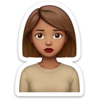 a brown girl with short light brown hair wearing a beige full sleeve and looking sad. dark red lip sticker