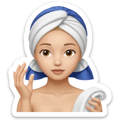 A gril that her head covered with towel and skincare plis hide the hair and this girl shuold be using a skincare product sticker