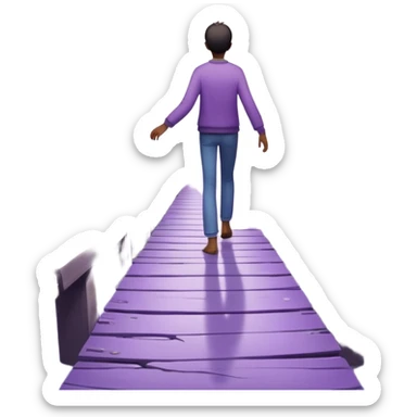 A figure walks back broken bridge, holding soft 2 violet orbs in hand—symbolizing compassion and forgiveness. A gentle heart aura trails behind them, showing healing in motion. sticker
