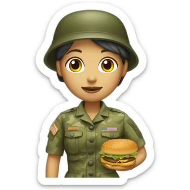 A girl in the army with a hamburger sticker