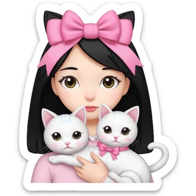 A gurl black hair with one pink bow holding one white cat sticker