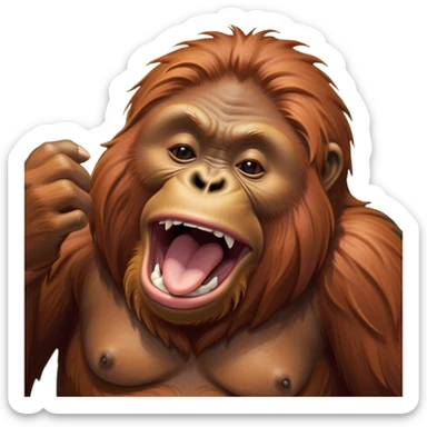 Cinematic Cute Yawning Orangutan Portrait Emoji, Head tilted slightly with a dramatic, wide-open yawn, showcasing a richly textured face with half-closed, sleepy eyes and a relaxed, open expression, Simplified yet irresistibly adorable features, highly detailed, glowing with a soft, cozy jungle glow, high shine, relaxed yet expressive, stylized with a dash of whimsical charm, soft glowing outline, capturing the essence of a drowsy yet affectionate guardian that appears ready to stretch out for a nap! sticker