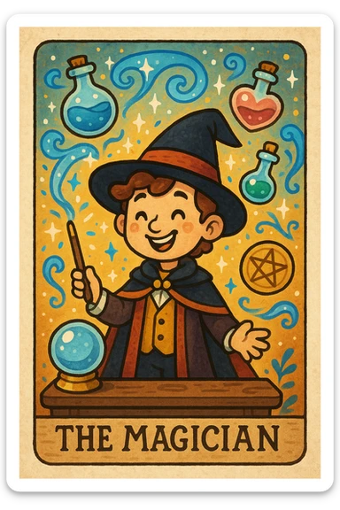 the magician tarot card, whimsical cartoon style, smiling magician, floating magical objects, playful atmosphere sticker
