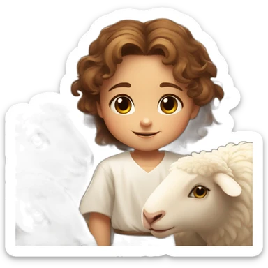 animated jesus child 3 year old boy honey colored eyes abundant wavy brown hair white tunic tender and loving and happy playing with sheep sticker