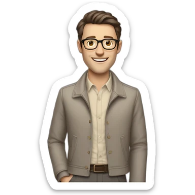 Joyful Full height Pale skinned Fit Man With dark brown hair in gray classic jacket, beige office shirt, Brown pants and vintage glasses. Thrumbs of his palms are up sticker