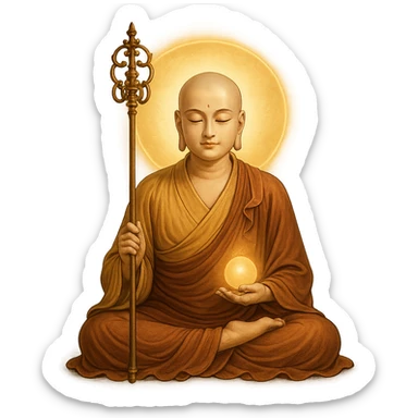 Kṣitigarbha bodhisattva, seated in meditation, surrounded by a glowing aura, monk's robes, staff and jewel, peaceful expression sticker