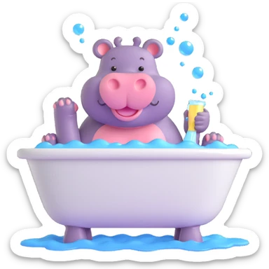 happy hippo with bubbles in bathtub sticker