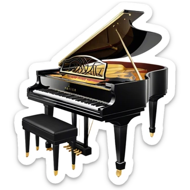 Create an elegant and detailed emoji representing the Seiler 278 Konzert grand piano. The design should feature the grand piano's polished black body with shiny, reflective surfaces, capturing its high-quality craftsmanship. The black and white keys should be clearly visible, with the curved shape of the grand piano’s body and lid, which can be slightly open. Add visible details like the pedal system, the intricate wood finish on the frame, and the elegant legs of the piano. The musical notes should float around the piano, evoking the sound of a professional concert instrument. Use deep black, white, and gold tones to highlight its luxurious appearance. The background should be transparent. sticker