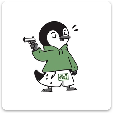A cute but tough half-dolphin half-penguin thug holding a small gun, wearing a green hoodie with blood stains and Dollar General branded shorts sticker