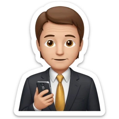 Un hombre  mayor con leve sonrisa de traje con tez clara pelo color castaño, vestido con traje camisa y corbata y celular en mano .  sticker