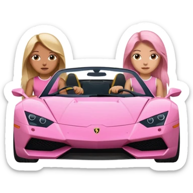 Make car far away so I can see full car Car facing forward in sports car. Make hair long  two girls in car far away Front of car sitting in the seats. Make it a pink sports car. They are two baddies make it a Lamborghini pink car  sticker