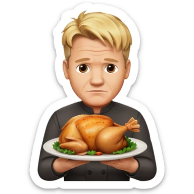 Gordon Ramsay with a stern look, holding a plate with a whole cooked chicken sticker