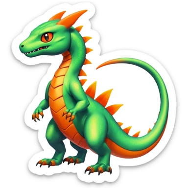 Cute Shiny neon-green iridescent Guilmon-Salandit-Fakémon-hybrid-creature (full body)  sticker