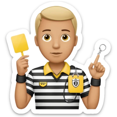 A calm referee with striped shirt, pointing clearly toward the field wearing whistle as a necklace sticker