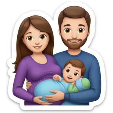 "Pregnant woman with long brown hair and fair skin and man with short brown hair and fair skin  holding one baby  smiling."
 sticker