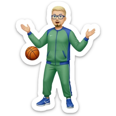 Full Body white male plus size wearing glasses with a goatee with light blonde and gray very short hair yelling basketball head Coach in blue and green Nike dry sweat suit sticker