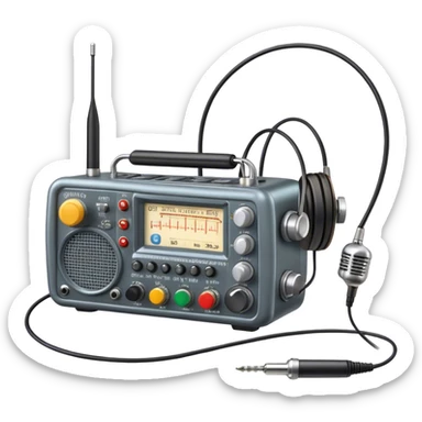 A photorealistic icon featuring a ham radio transceiver, headphones, microphone, antenna, and radio equipment like soldering tools and cables. The design includes detailed textures and realistic lighting, symbolizing the passion for amateur radio and communication. Transparent background. sticker