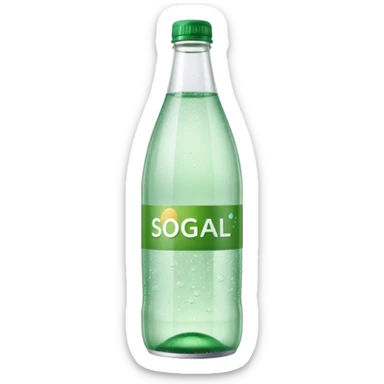 transparent bottle of sparkling water, green cap, clear fizzy water with bubbles, soft reflections, minimal blank label, 3D, refined, soft lighting, no anthropomorphic features, no extra elements, emoji scale sticker
