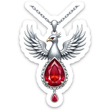 cosmic phoenix talisman: teardrop ruby radiating rebirth energy, ember edges, silver chain floating sticker