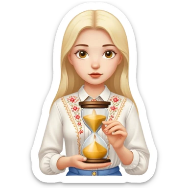 A Ukrainian girl in a white embroidered shirt holds an hourglass in her hand sticker