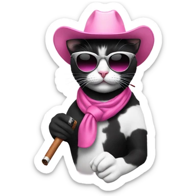 Black and white cat with a pink cowboy hat and silver sunglasses smoking a cig sticker