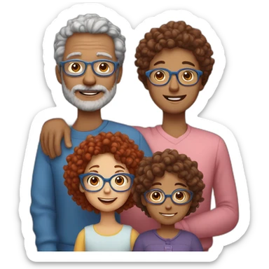 family of four father with gray hair mother with red curly hair and blue glasses son with brown hair and little daughter with curly brown hair sticker