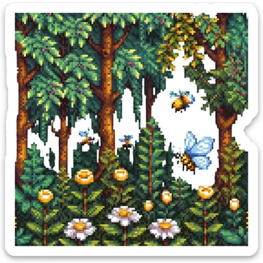 pixel art of a butterfly and bee among trees and plants, forest background sticker