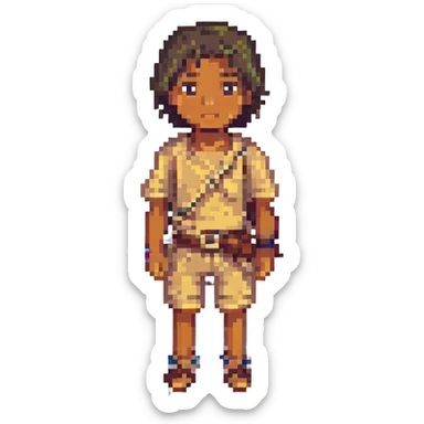 Make the boy's skin tone tan, keep everything else the same, pixel art style, with no background. sticker