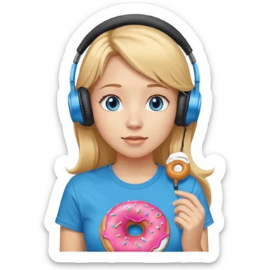 una ragazza dall‘ età di 19 anni con capelli biondi miele lunghi ,  occhi celesti,  con addosso una maglietta con una ciambella e le cuffie ascoltando violetta sticker