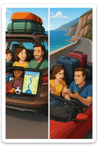 "Spacious family SUV loaded with luggage, snacks, entertainment for kids, GPS showing clear 300km route planned with rest stops, happy family ready for road trip; contrasted with impractical two-seater convertible with no storage space, couple arguing about what to leave behind, suitcases barely fitting, comfort vs style dilemma, Italian coastal highway background" sticker