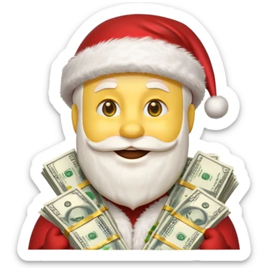 A festive 3D emoji style yellow smiley face wearing a Santa hat, surrounded by stacks of cash and dollar bills, joyful expression, Christmas and New Year theme, high quality, clean design, studio lighting, no text, no background, isolated object, transparent background, emojis.com style sticker