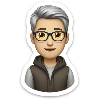 Young man with white skin and brown straight hair and round grey glasses, brown eyes sticker