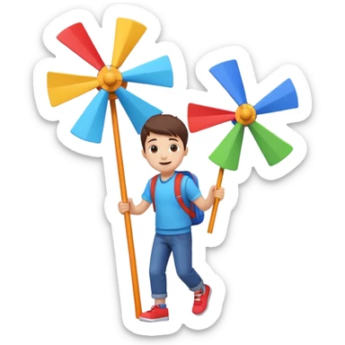 cute boy carrying a toy windmill backpack, colorful windmill spinning on the back, happy expression, casual outfit, 3D cartoon, mobile game icon style, clean background, no text, no watermark
 sticker