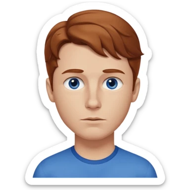 Please generate a portrait of a boy. He has light brown to reddish-brown wavy hair, a right side parting, slightly longer sideburns, blue eyes, a snub nose, and a somewhat pronounced pout. sticker