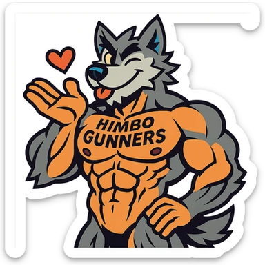 extremely muscular wolf furry, shirtless, with 'Himbo Gunners' tattoo on his chest, blowing a kiss and winking, charming and playful, detailed muscles and fur, ultra high quality sticker