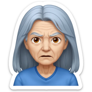 a portrait of angry elderly woman, long hair, wearing shirt sticker