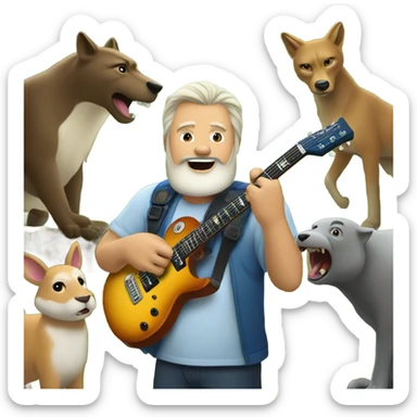50 year old tan white man with a goatee playing electric guitar in a forest with animals watching sticker