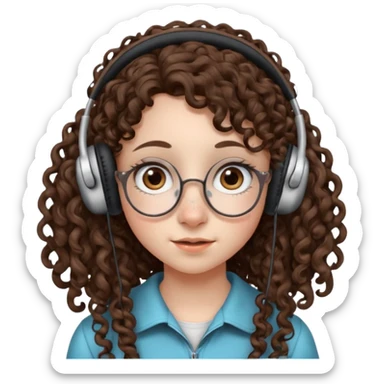 brunette kid with unique face features and very curly long hair kid girl neutral and very big nose and ears and dark eyes with freckles kind of nerd looking and headphone wearing sticker