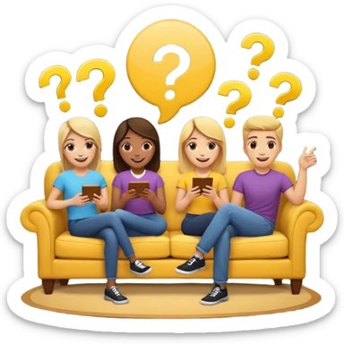 group of friends on couch playing a trivia game couch should be deep dark yellow color.  include a small wooden table in front of the couch as well.  Add 1 smiling face emoji and 2 question marks above their heads sticker