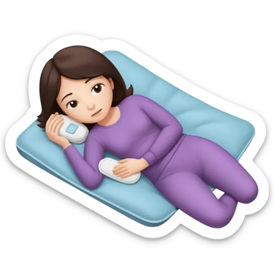  a brunette girl lying down on her side, holding a warm heating pad against her lower belly. She's uncomfortable and sad, her posture should show she’s having menstrual cramps. Use simple lines, rounded shapes, soft colors, and a clean emoji aesthetic. Make it expressive but still adorable sticker