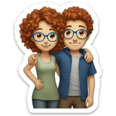 boy-with-brown-hair-hugging a girl with curly red hair and blue glasses sticker