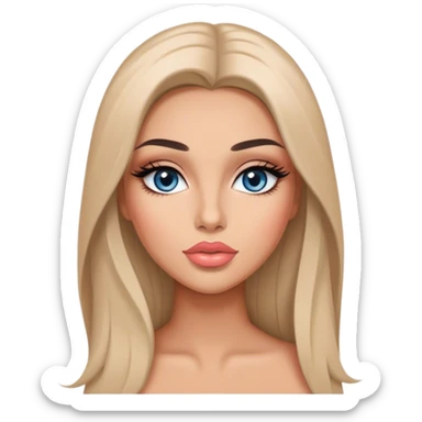 Glamours, tanned, very beautiful girl, with big pump peach-beige-rose lips, long long lashes, black straight smooth silky long hair, straight parting hair, blue-grey eyes sticker