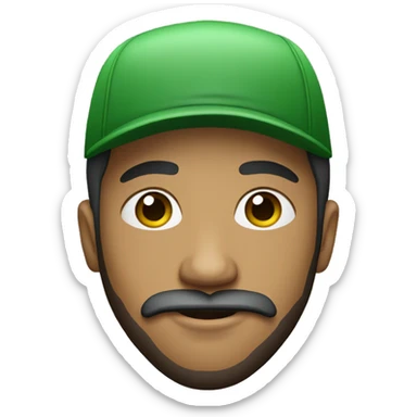 Create a young mixed-race man with a beard and moustache wearing an all-green cap and a T-shirt white sticker