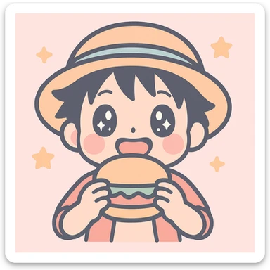 Cute Luffy eating a burger, modern illustration, cheerful mood sticker