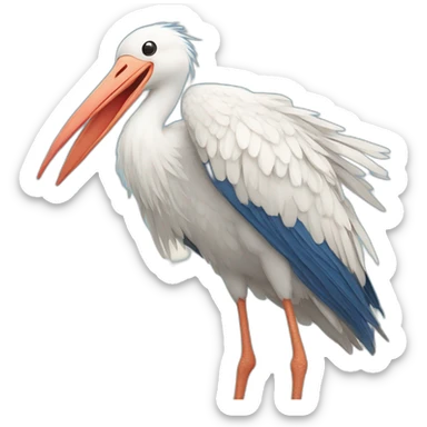  white stork with long legs and a long beak flying in the sky and carrying a blue bundle of cloth in its beak that has a cute baby face peeking out from it sticker